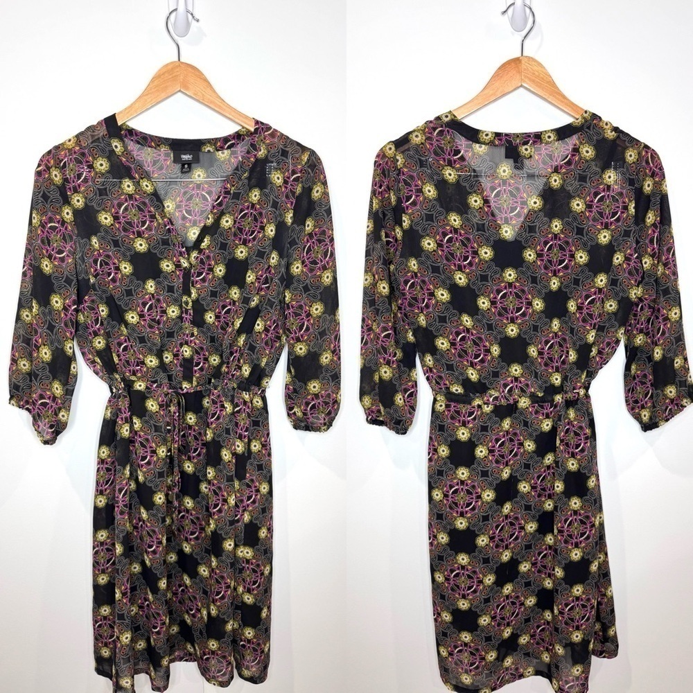 Mossimo Brown Floral Midi Lined V-Neck Cinched Waist Belt Dress (S)